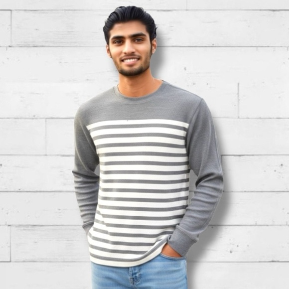 Banana Republic Men’s Pullover Long Sleeve Stripe Crewneck Gray White NWT Size M - Picture 1 of 15